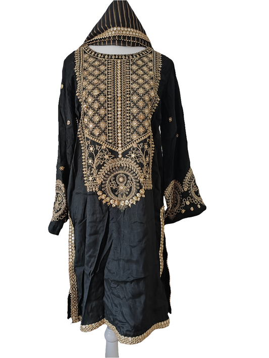 Stitched embroided silk suit with organza dupatta in small size