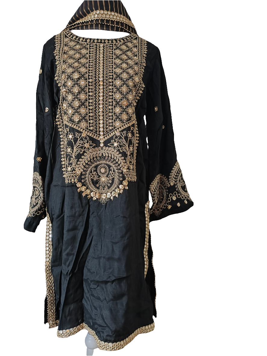 Stitched embroided silk suit with organza dupatta in small size