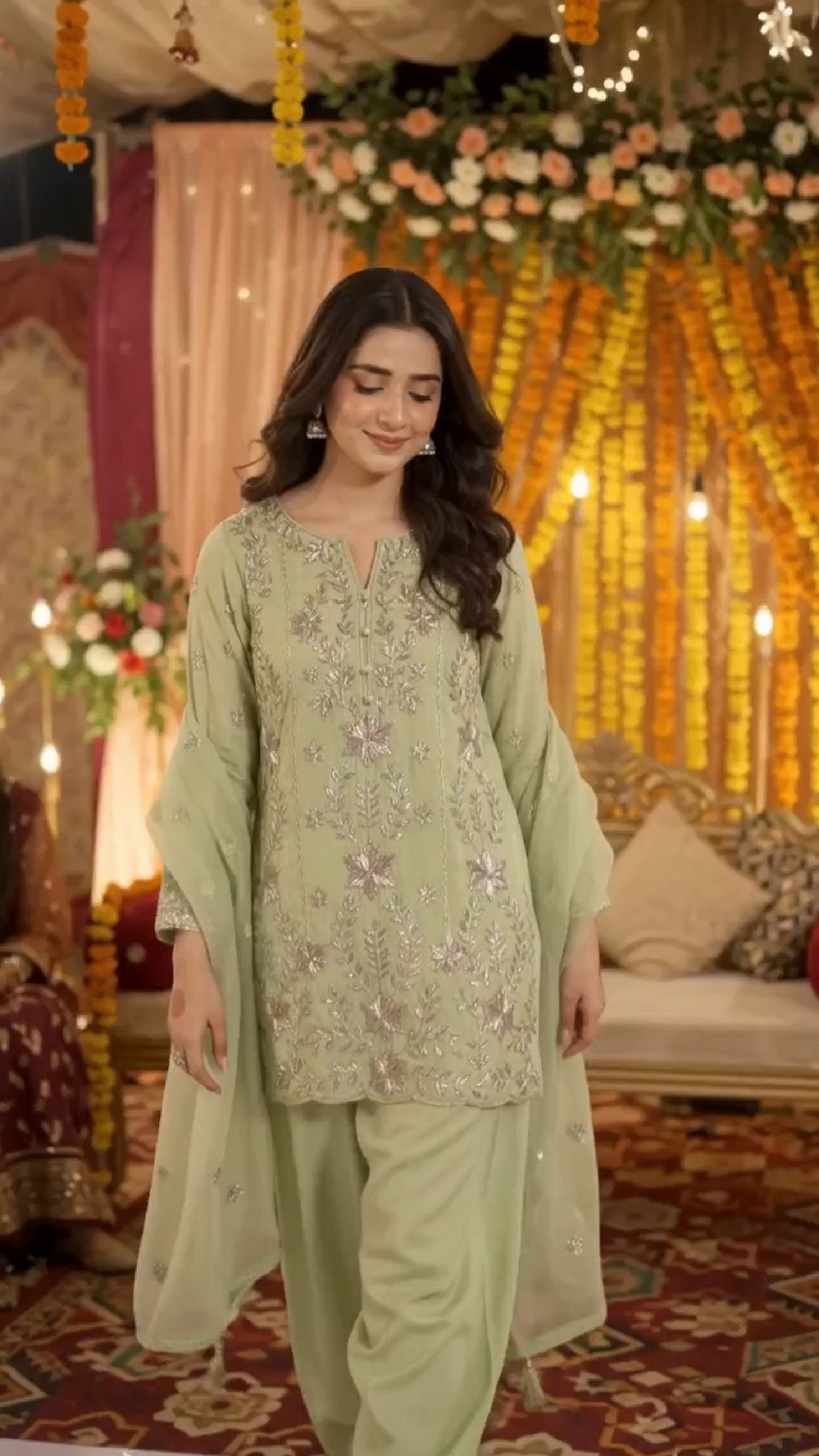 Large lawn gotta work stitched shafoon dupatta farshi shalwar